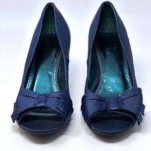 Rampage Kandice Blue Open Toe Fabric Tuxedo Bow Heels Size 8